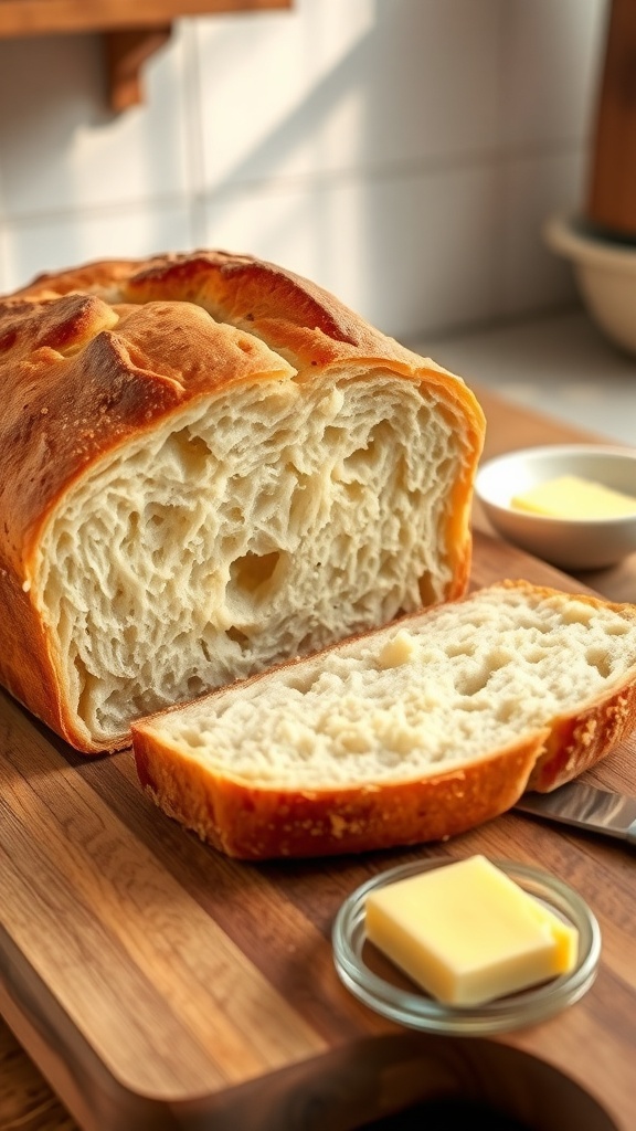 Quick Rise Homemade Bread Recipe A golden brown loaf of homemade bread sliced on a cutting board with butter.
